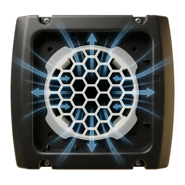 No Nest honeycomb grate with airflow arrows moving freely through the hexagon openings