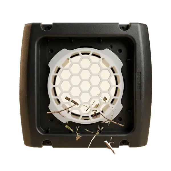 No Nest honeycomb grate keeping twigs and nest debris from entering the vent