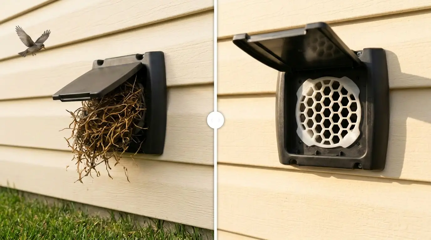 Side-by-side comparison: an unprotected dryer vent with a bird nest, next to the same vent protected by the No Nest honeycomb guard